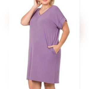 Zenana Plus Eggplant V-Neck Rolled Short Sleeve Dress with Pockets